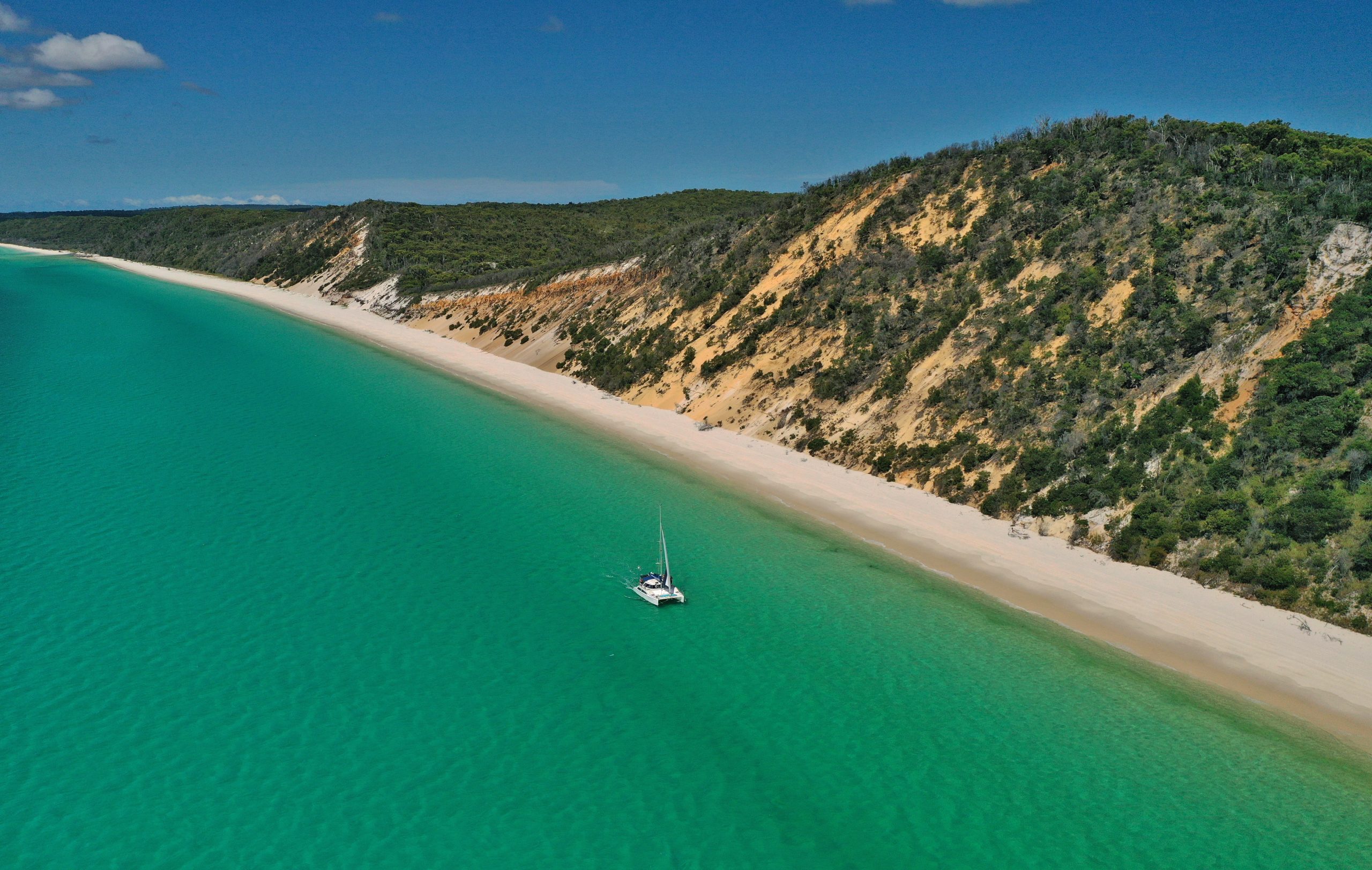 Aerial view of a Fraser Island Boat Charter off the western side of K'gari (Fraser Island)